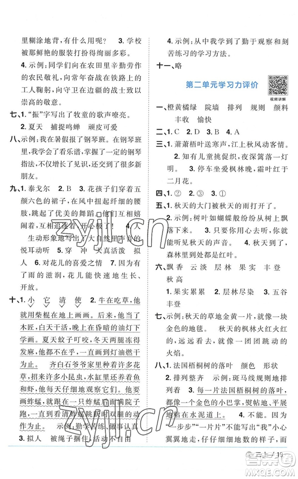 江西教育出版社2022陽光同學課時優(yōu)化作業(yè)三年級語文上冊五四專用答案