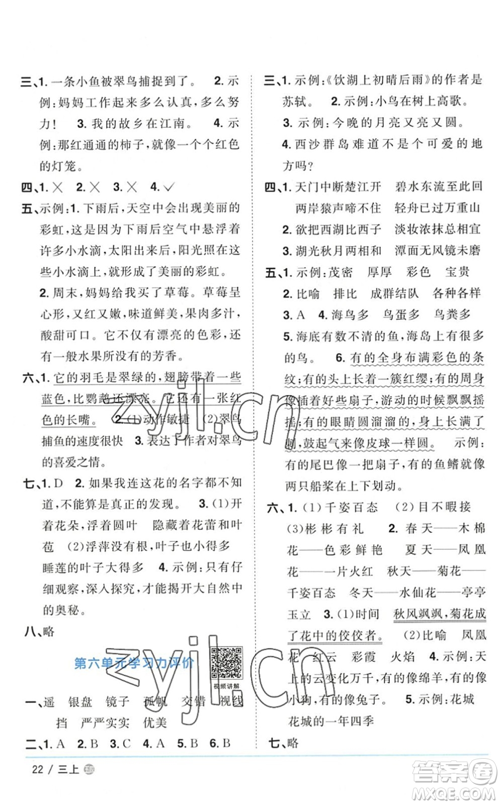 江西教育出版社2022陽光同學課時優(yōu)化作業(yè)三年級語文上冊五四專用答案