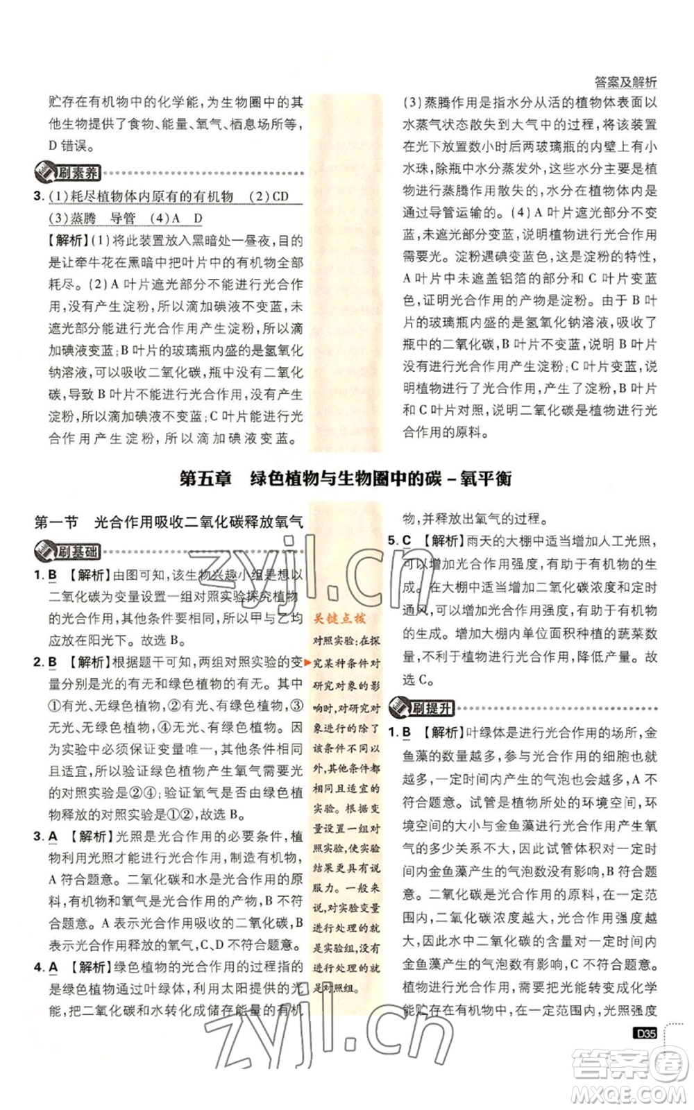 開明出版社2023初中必刷題七年級上冊生物人教版參考答案