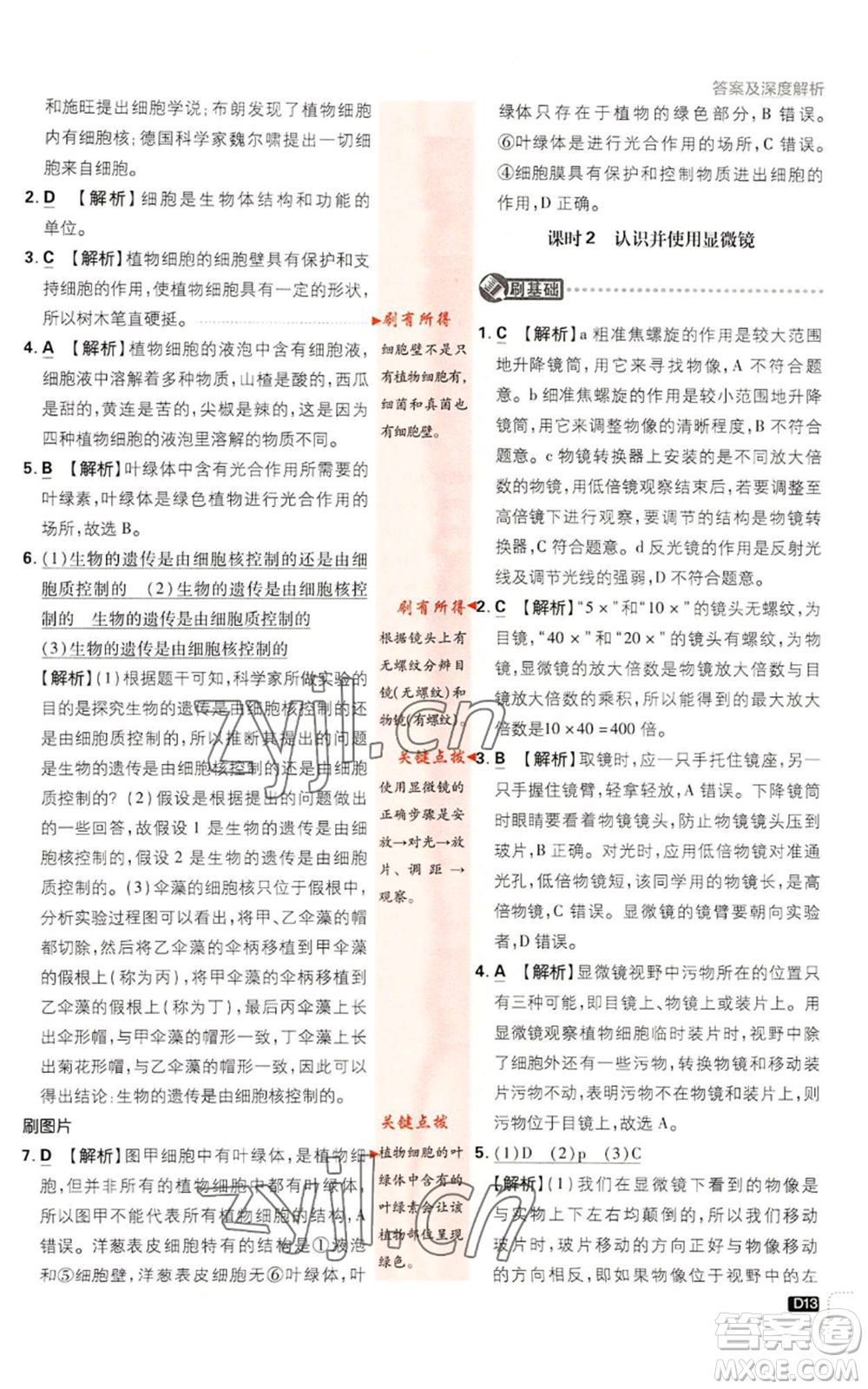 新世界出版社2023初中必刷題七年級上冊科學(xué)浙教版參考答案