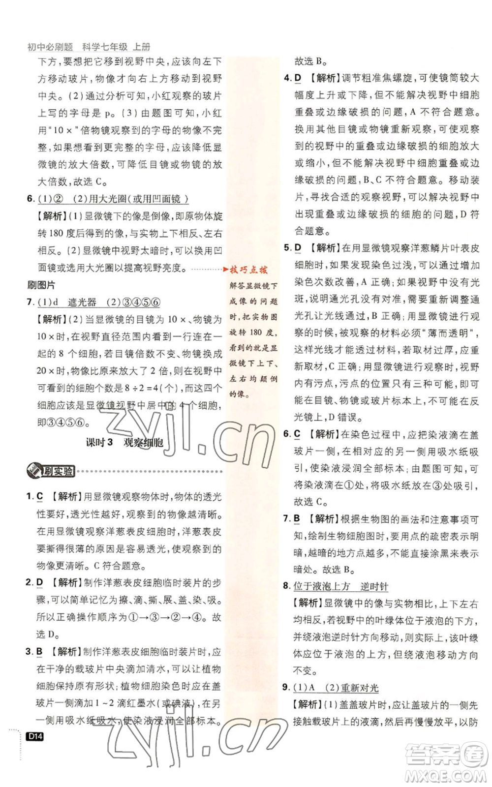 新世界出版社2023初中必刷題七年級上冊科學(xué)浙教版參考答案