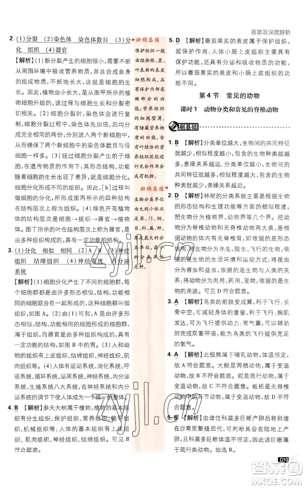 新世界出版社2023初中必刷題七年級上冊科學(xué)浙教版參考答案