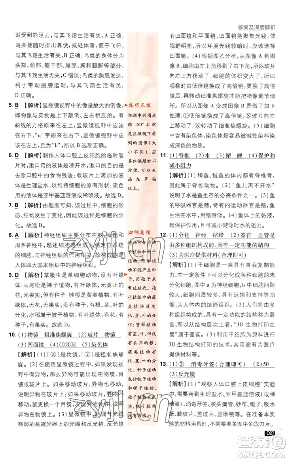 新世界出版社2023初中必刷題七年級上冊科學(xué)浙教版參考答案