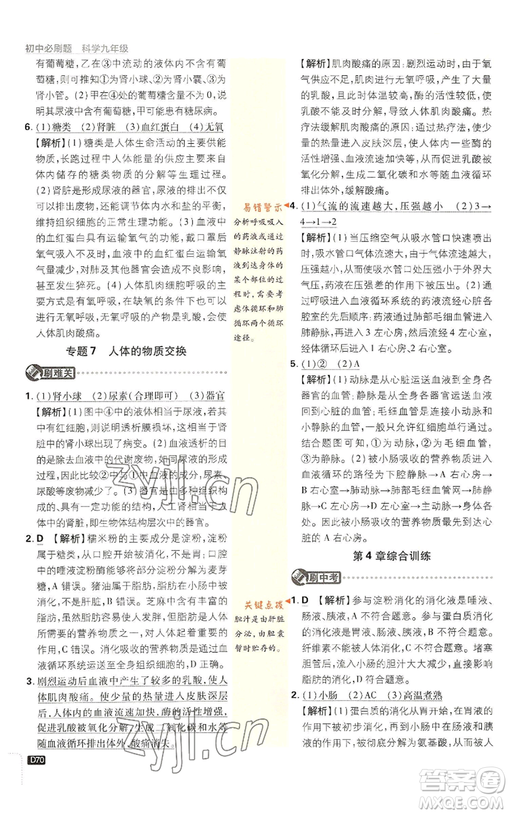 新世界出版社2023初中必刷題九年級(jí)上冊科學(xué)浙教版浙江專版參考答案