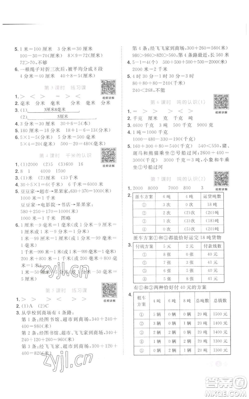 浙江教育出版社2022陽(yáng)光同學(xué)課時(shí)達(dá)標(biāo)訓(xùn)練三年級(jí)上冊(cè)數(shù)學(xué)人教版浙江專版參考答案