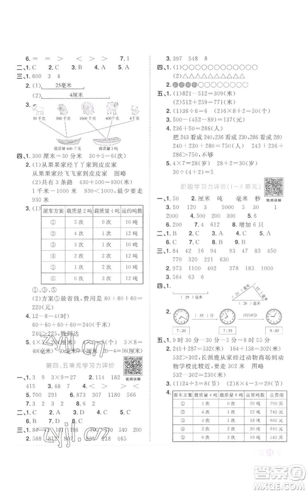 浙江教育出版社2022陽(yáng)光同學(xué)課時(shí)達(dá)標(biāo)訓(xùn)練三年級(jí)上冊(cè)數(shù)學(xué)人教版浙江專版參考答案