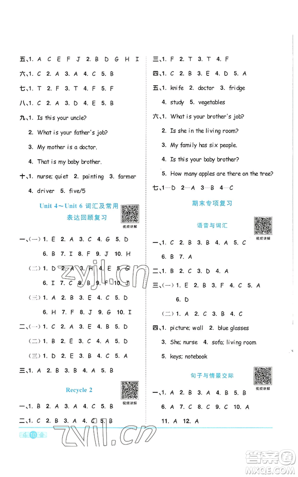 浙江教育出版社2022陽光同學(xué)課時(shí)達(dá)標(biāo)訓(xùn)練四年級上冊英語人教版浙江專版參考答案