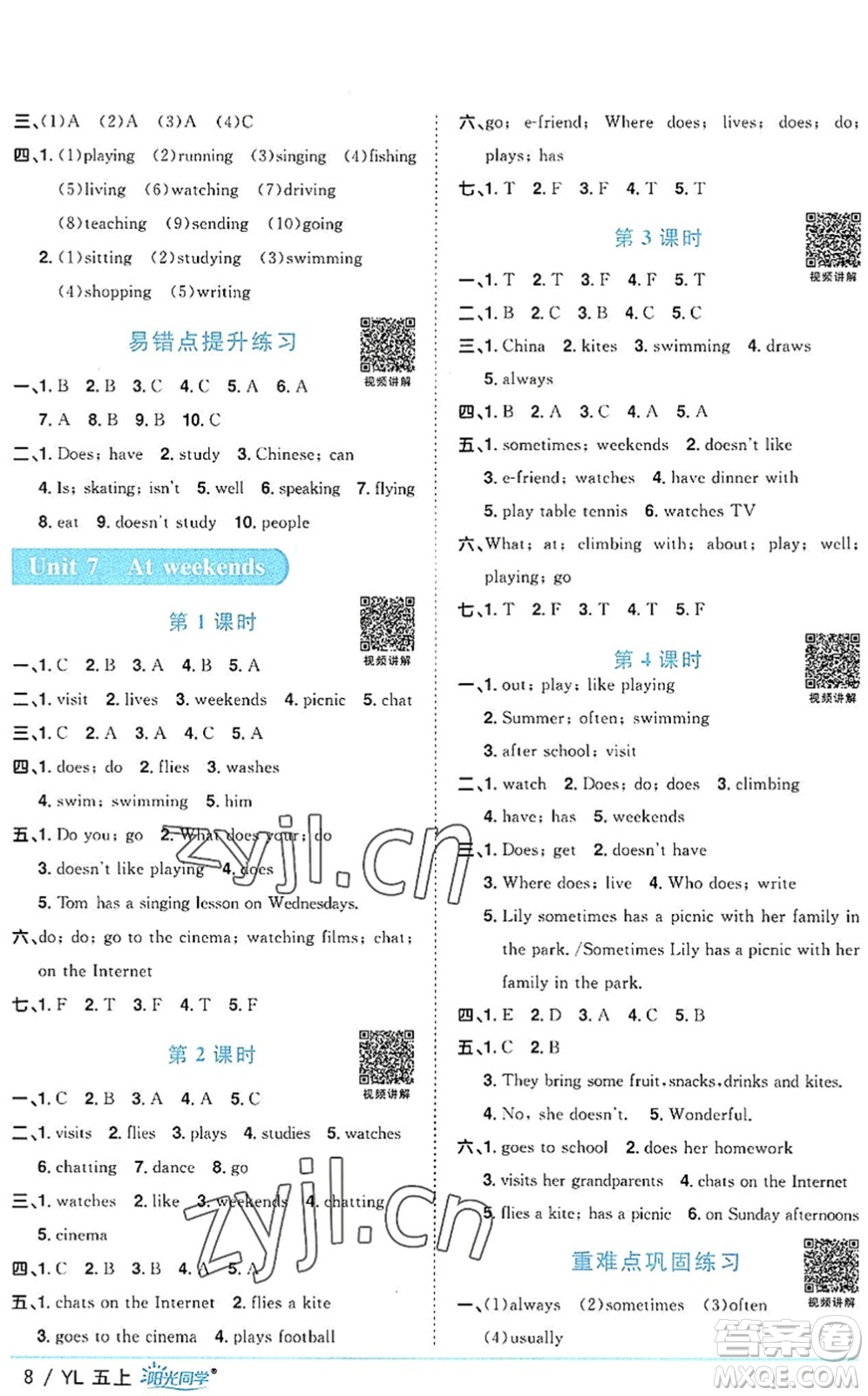 江西教育出版社2022陽光同學課時優(yōu)化作業(yè)五年級英語上冊YL譯林版答案