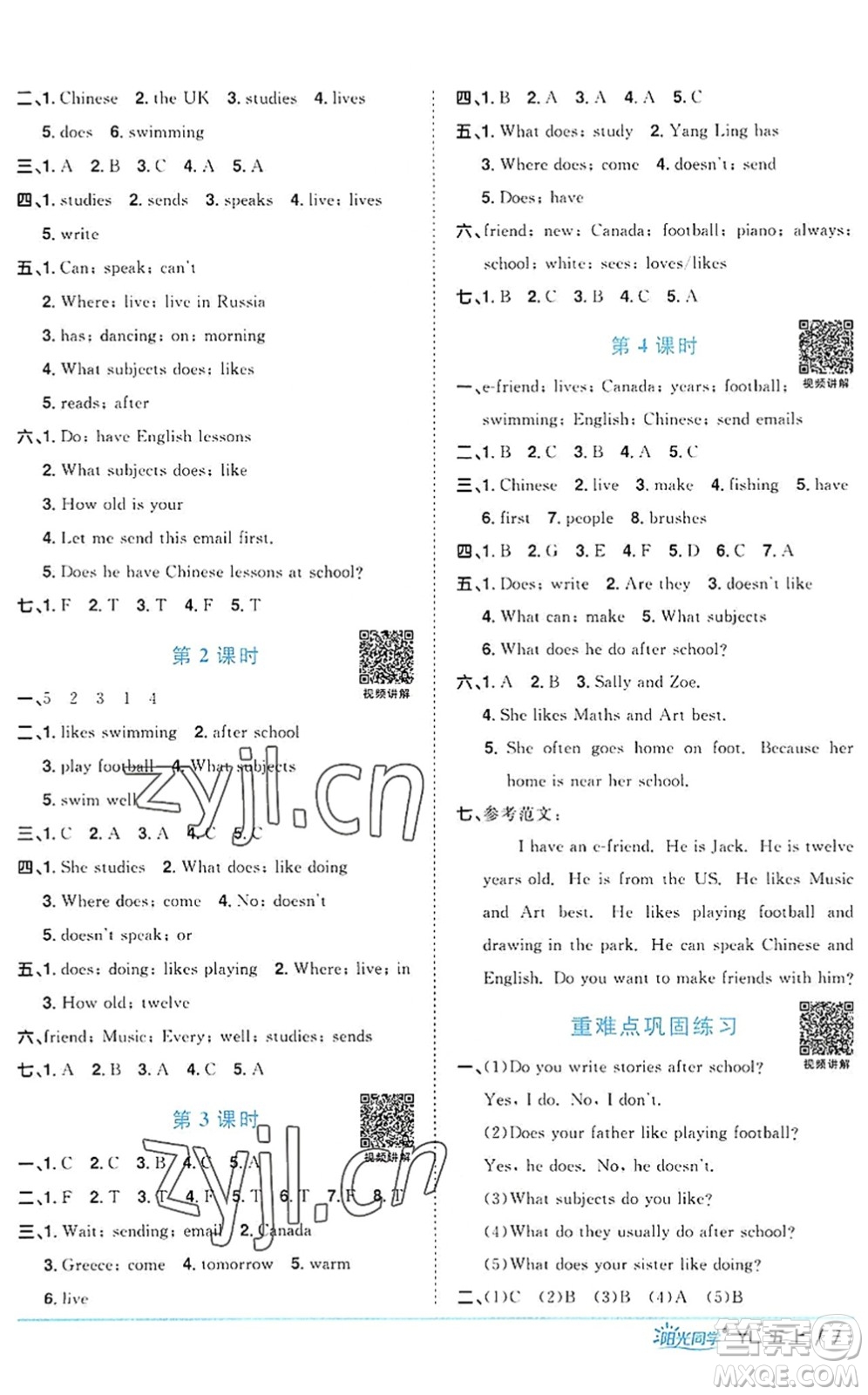 江西教育出版社2022陽光同學課時優(yōu)化作業(yè)五年級英語上冊YL譯林版答案