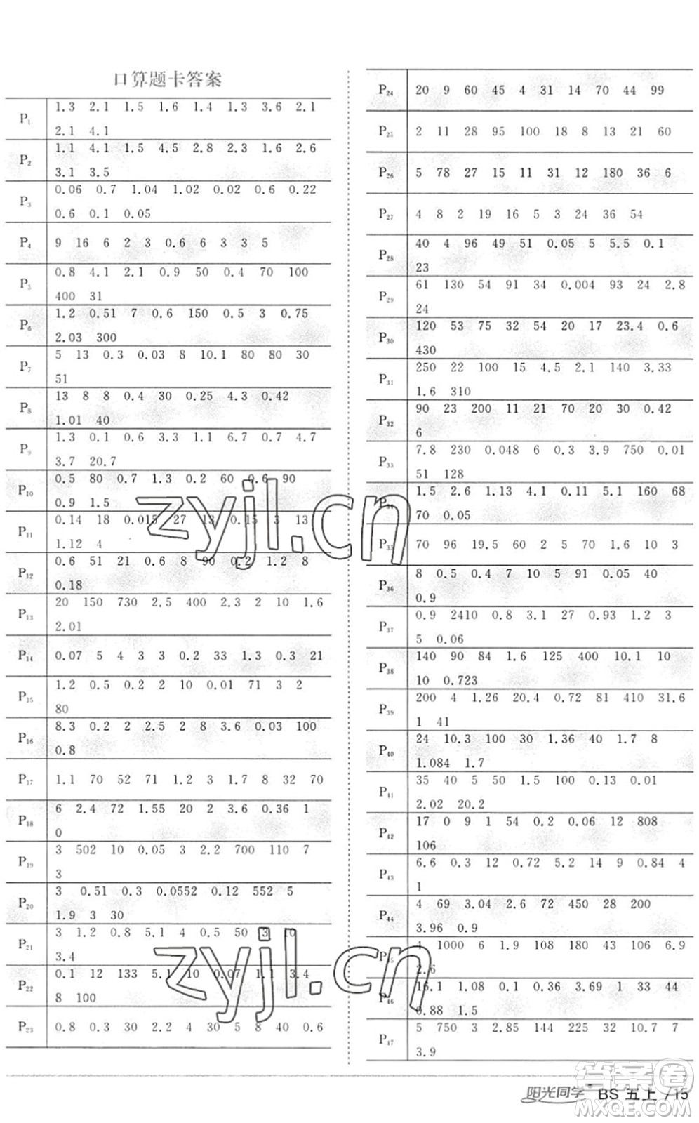 江西教育出版社2022陽光同學(xué)課時優(yōu)化作業(yè)五年級數(shù)學(xué)上冊BS北師版答案