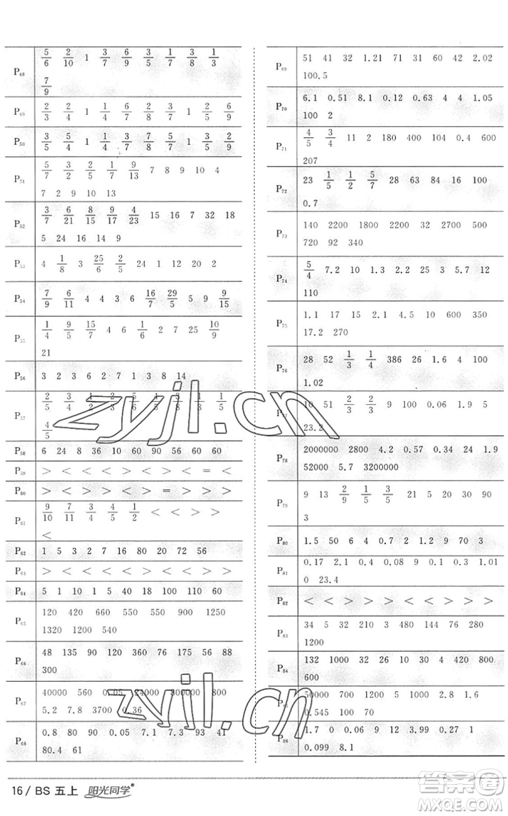 江西教育出版社2022陽光同學(xué)課時優(yōu)化作業(yè)五年級數(shù)學(xué)上冊BS北師版答案