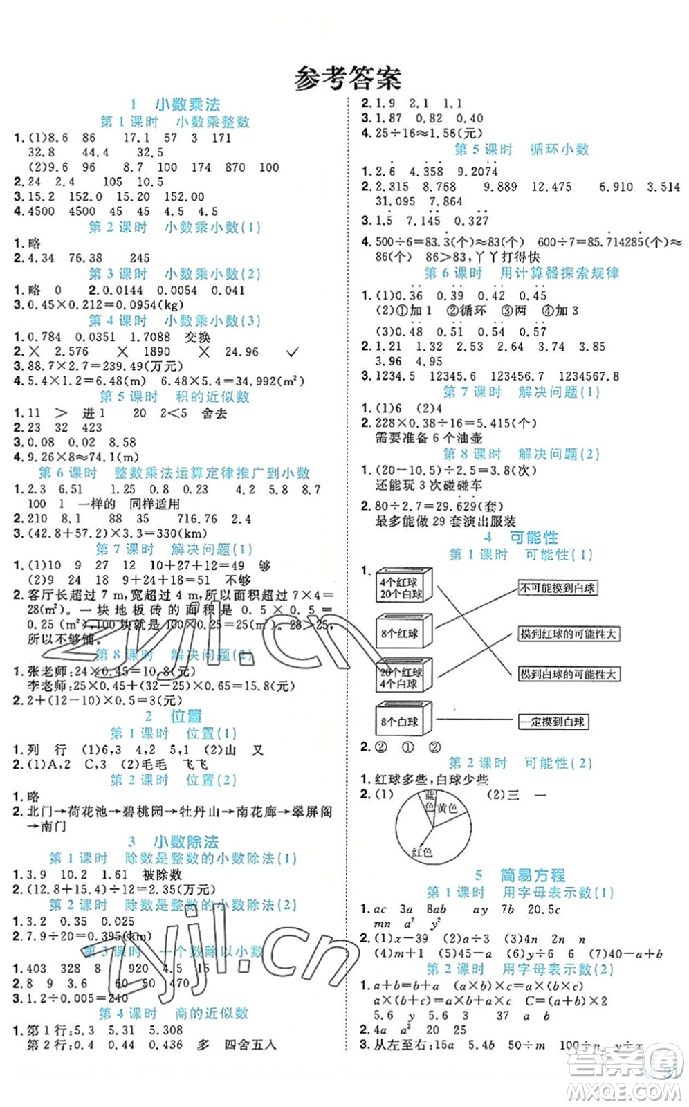 福建少年兒童出版社2022陽光同學課時優(yōu)化作業(yè)五年級數(shù)學上冊RJ人教版福建專版答案