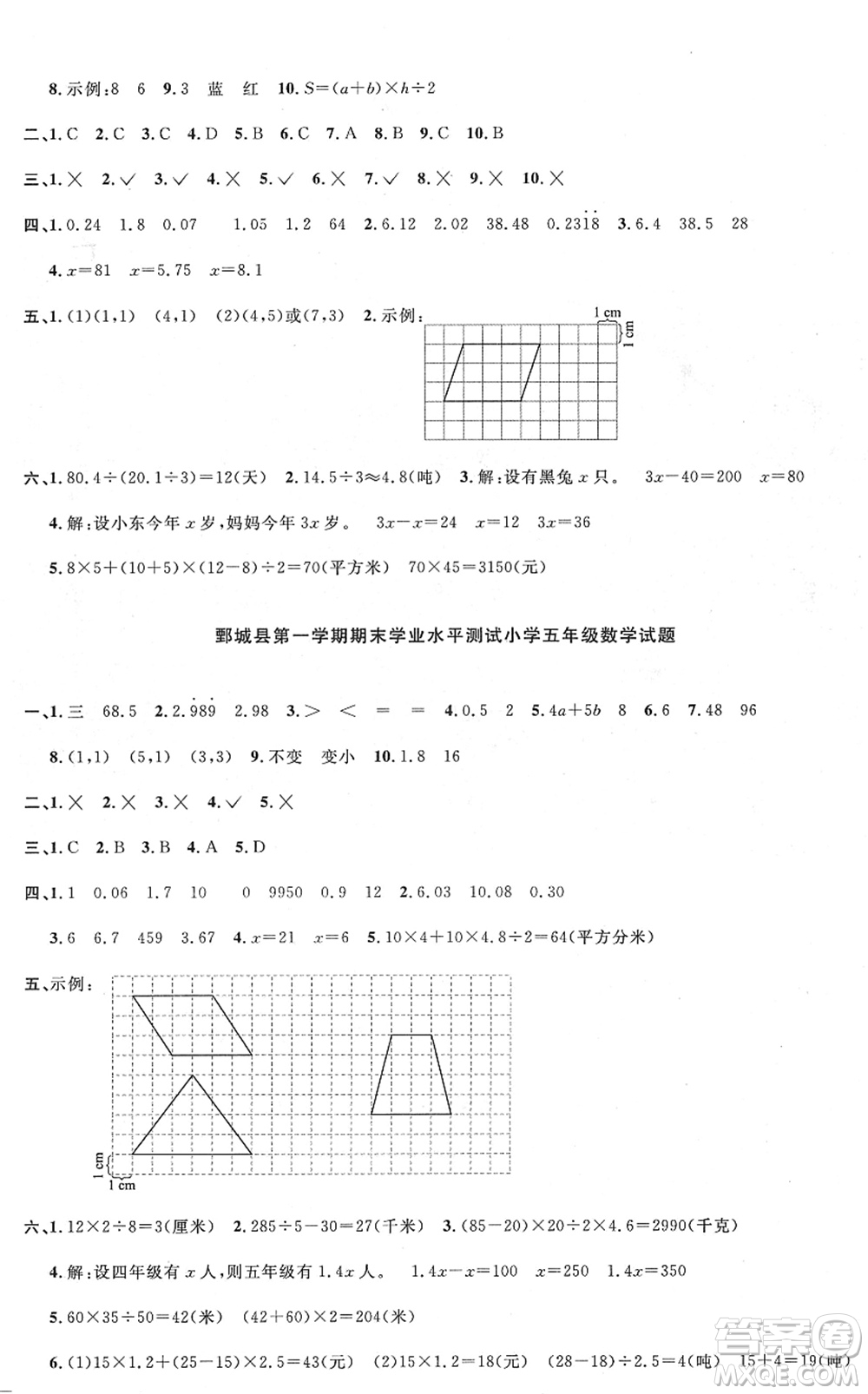 江西教育出版社2022陽光同學課時優(yōu)化作業(yè)五年級數學上冊RJ人教版菏澤專版答案