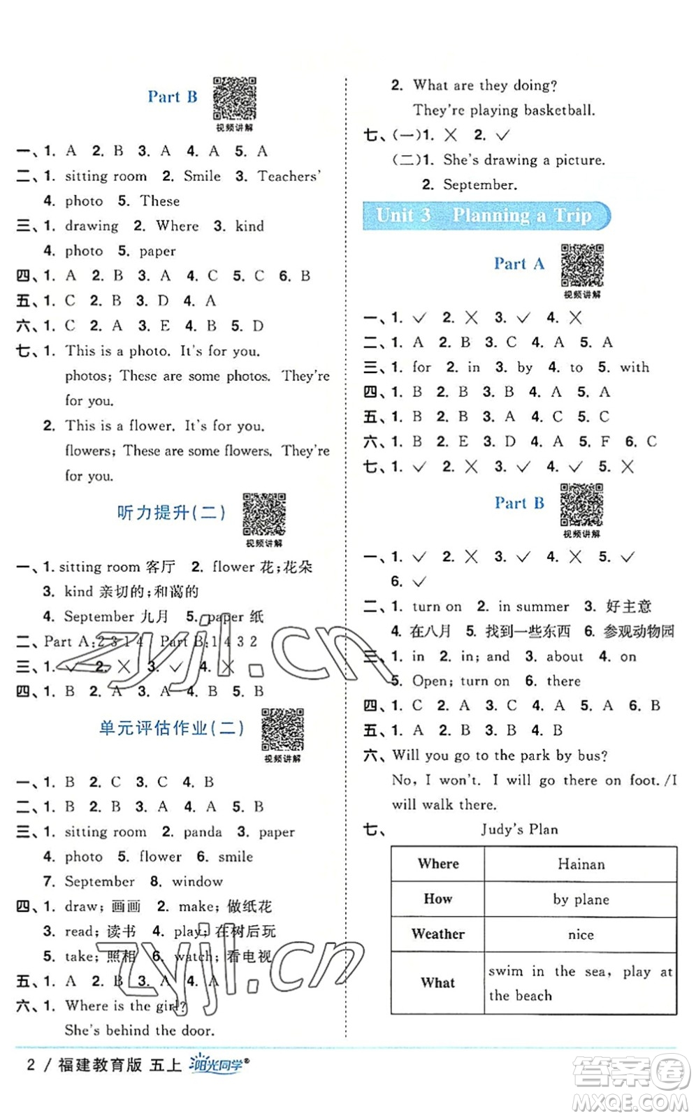 江西教育出版社2022陽光同學(xué)課時(shí)優(yōu)化作業(yè)五年級(jí)英語上冊(cè)福建教育版答案