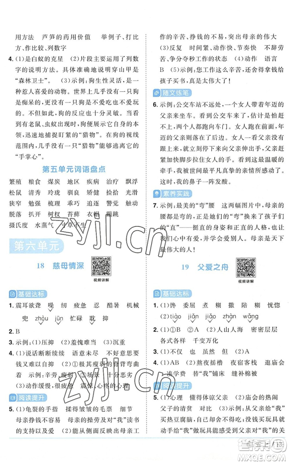 江西教育出版社2022陽光同學(xué)課時優(yōu)化作業(yè)五年級語文上冊五四專用答案