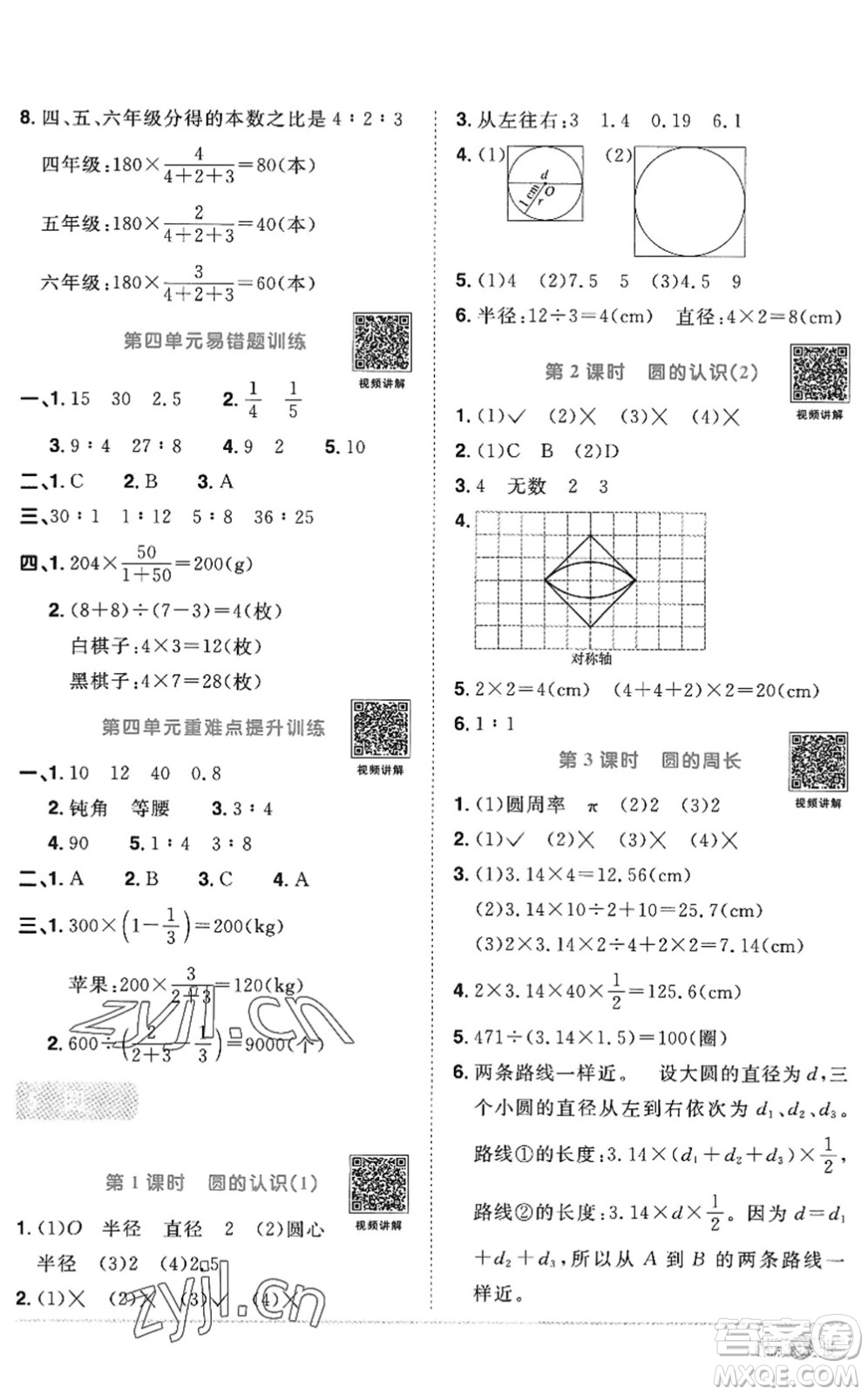 江西教育出版社2022陽光同學課時優(yōu)化作業(yè)六年級數(shù)學上冊RJ人教版答案