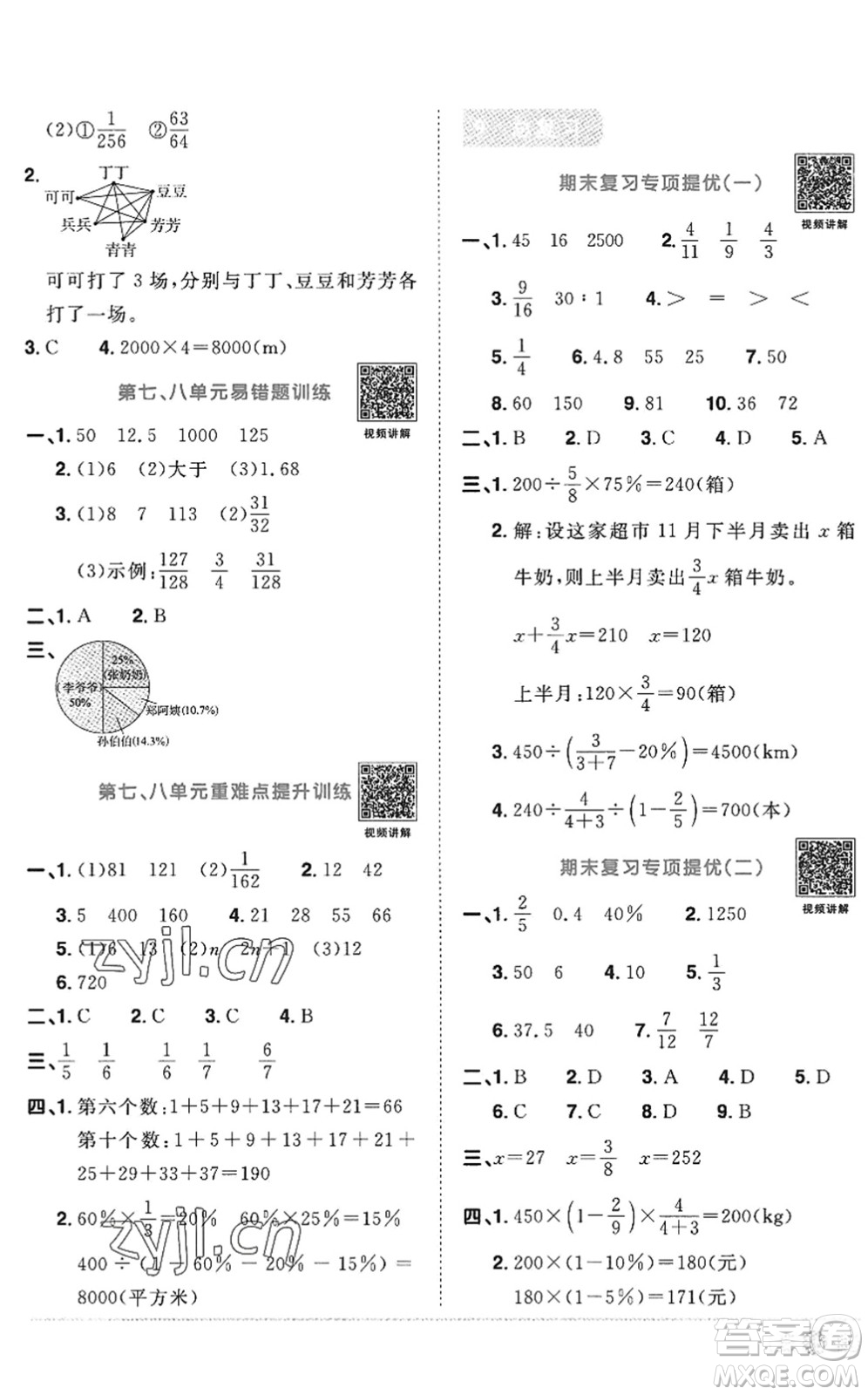 江西教育出版社2022陽光同學課時優(yōu)化作業(yè)六年級數(shù)學上冊RJ人教版答案