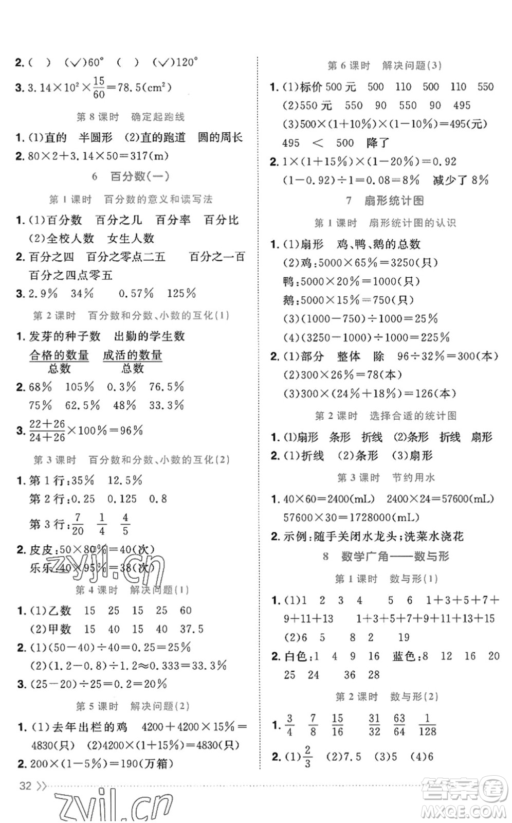 江西教育出版社2022陽光同學課時優(yōu)化作業(yè)六年級數(shù)學上冊RJ人教版答案