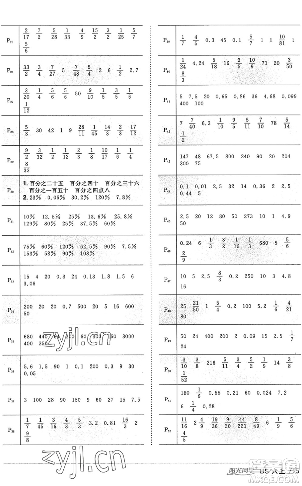 江西教育出版社2022陽(yáng)光同學(xué)課時(shí)優(yōu)化作業(yè)六年級(jí)數(shù)學(xué)上冊(cè)BS北師版答案