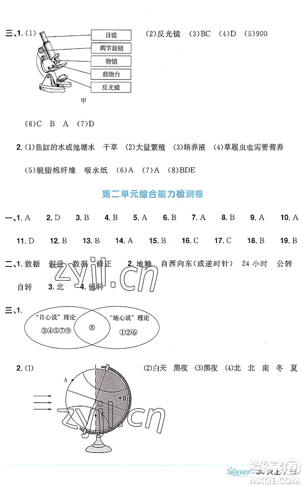 江西教育出版社2022陽光同學(xué)課時優(yōu)化作業(yè)六年級科學(xué)上冊JK教科版答案