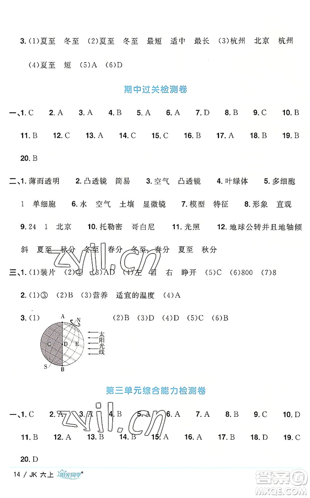 江西教育出版社2022陽光同學(xué)課時優(yōu)化作業(yè)六年級科學(xué)上冊JK教科版答案