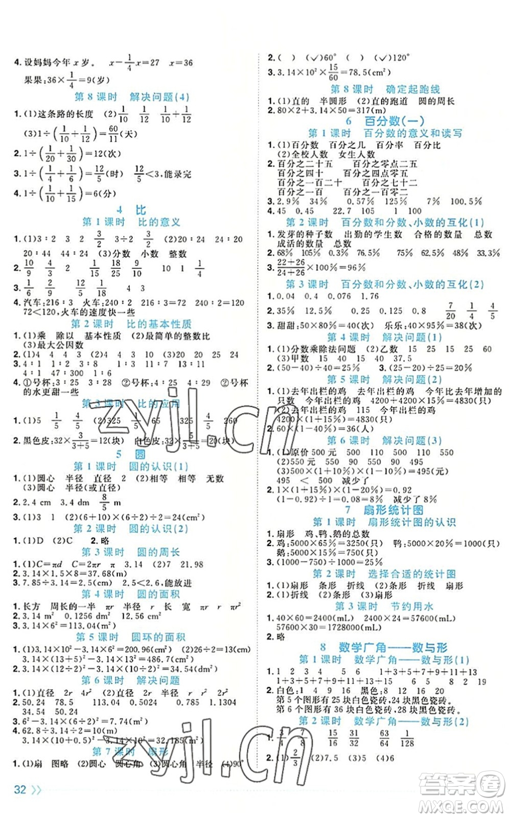 福建少年兒童出版社2022陽光同學(xué)課時優(yōu)化作業(yè)六年級數(shù)學(xué)上冊RJ人教版福建專版答案