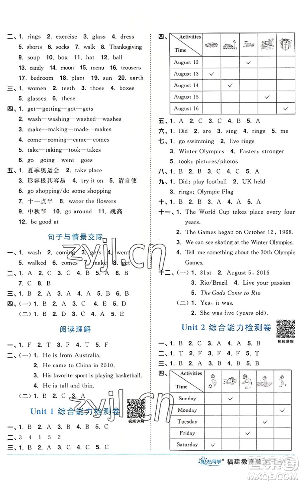 江西教育出版社2022陽(yáng)光同學(xué)課時(shí)優(yōu)化作業(yè)六年級(jí)英語(yǔ)上冊(cè)福建教育版答案