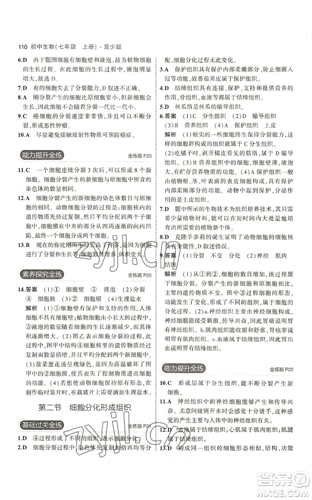 教育科學(xué)出版社2023年5年中考3年模擬七年級(jí)上冊(cè)生物冀少版參考答案