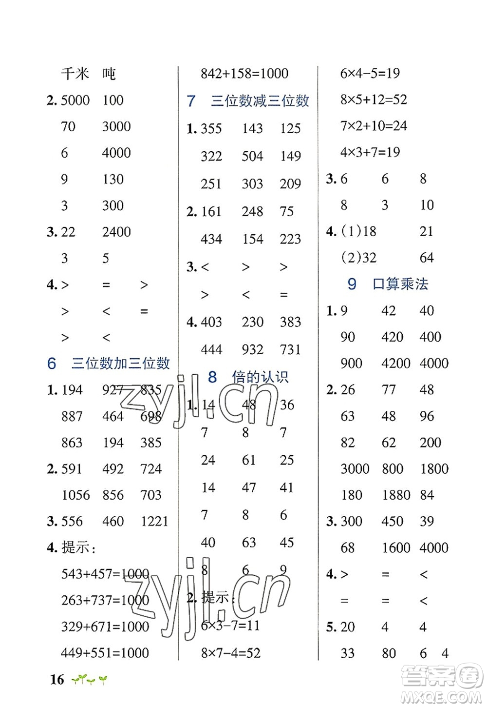 陜西師范大學(xué)出版總社2022PASS小學(xué)學(xué)霸作業(yè)本三年級(jí)數(shù)學(xué)上冊(cè)RJ人教版廣東專版答案