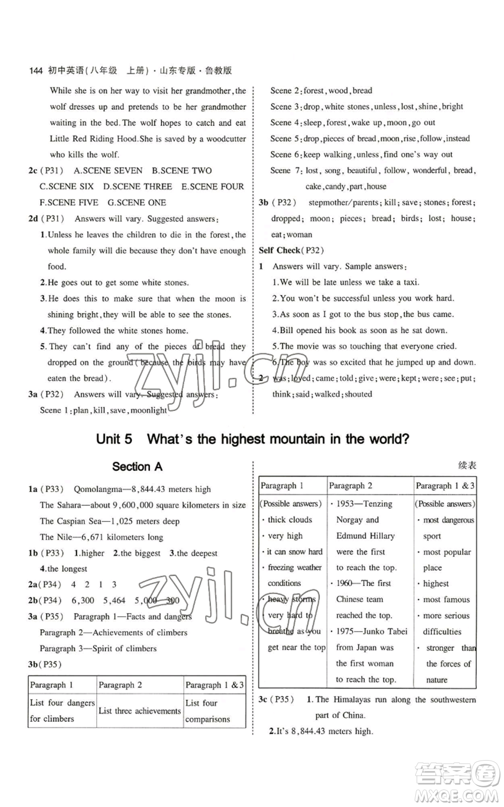 教育科學(xué)出版社2023年5年中考3年模擬八年級(jí)上冊(cè)英語(yǔ)魯教版山東專版參考答案