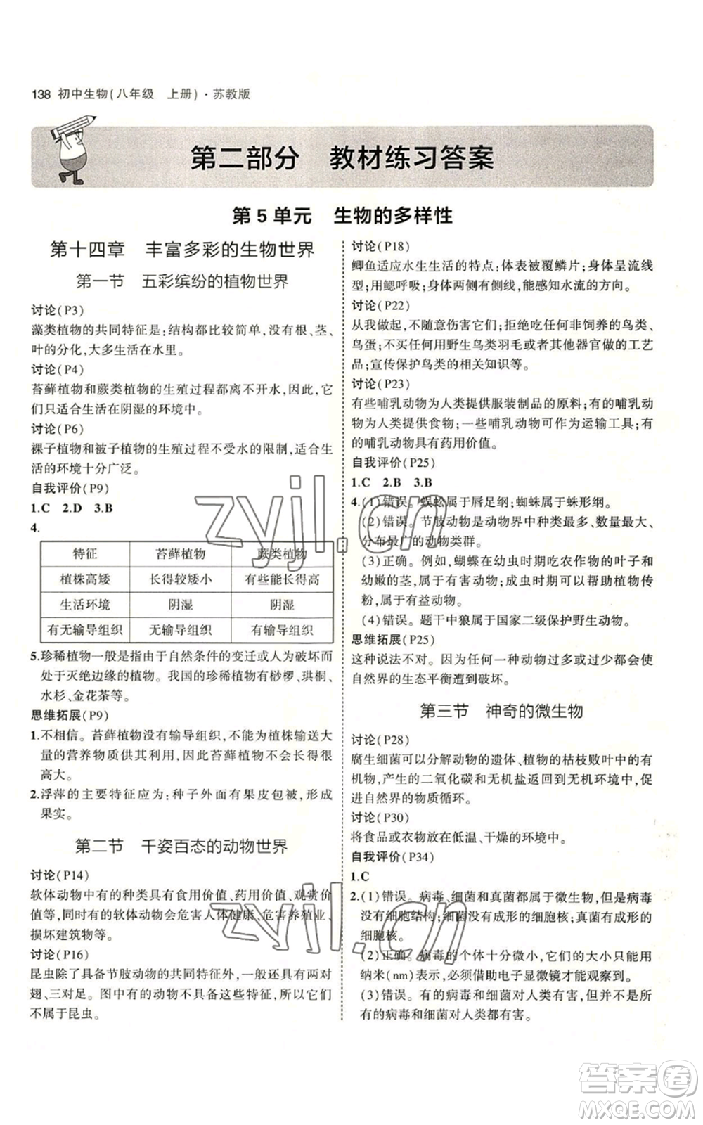 教育科學出版社2023年5年中考3年模擬八年級上冊生物蘇教版參考答案