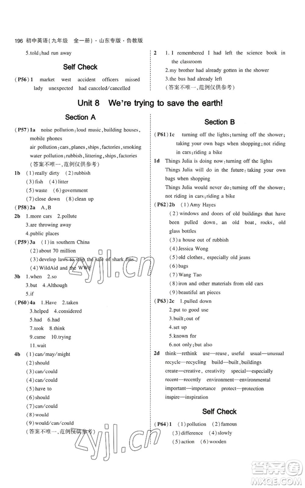 教育科學(xué)出版社2023年5年中考3年模擬九年級英語魯教版山東專版參考答案