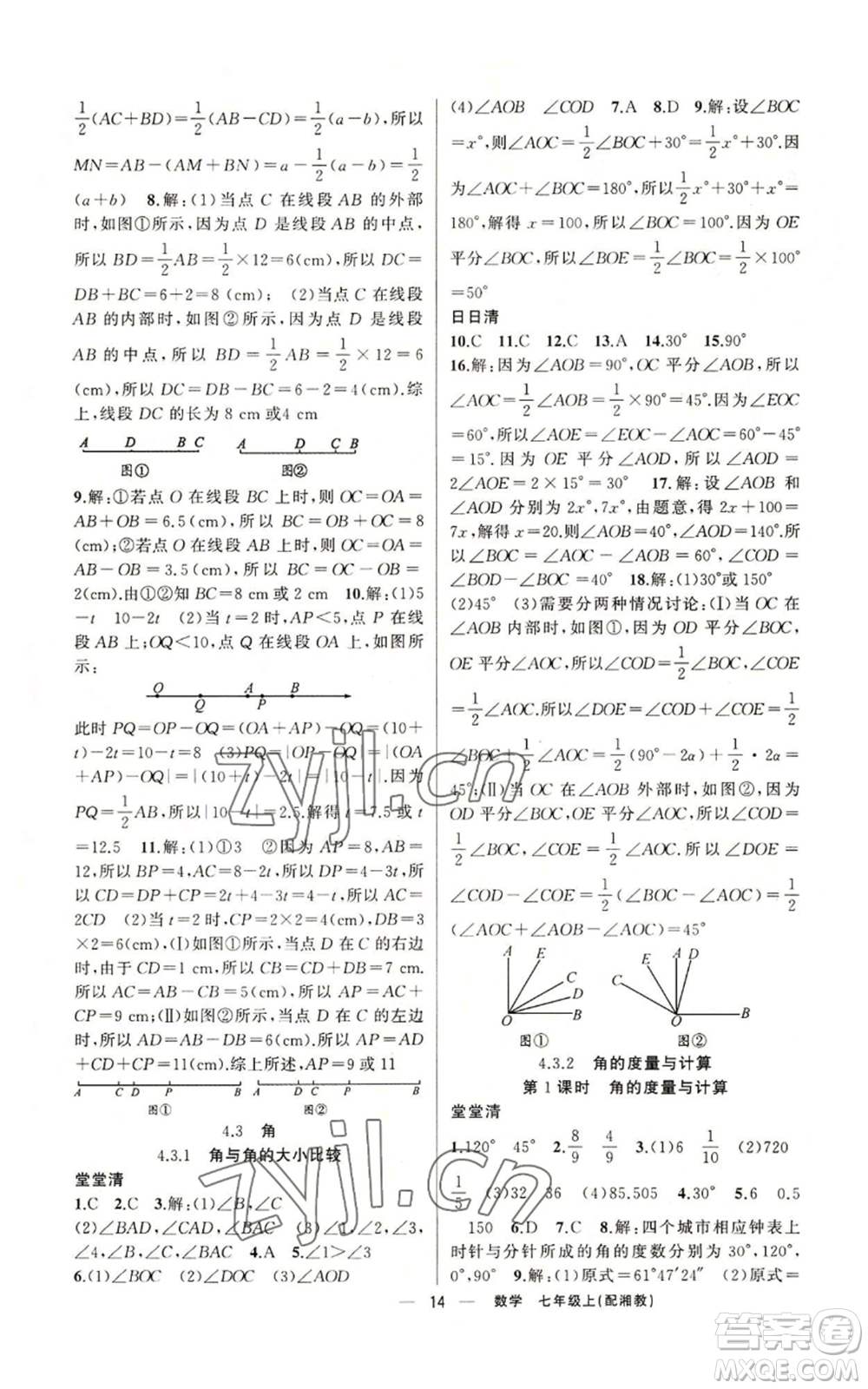 新疆青少年出版社2022四清導(dǎo)航七年級上冊數(shù)學(xué)湘教版參考答案