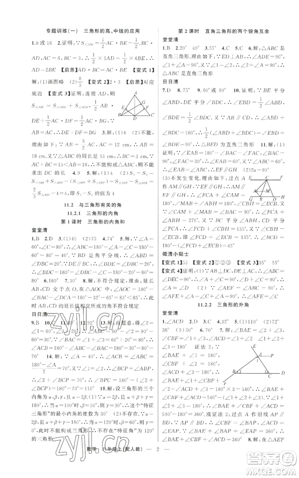 新疆青少年出版社2022四清導(dǎo)航八年級上冊數(shù)學(xué)人教版參考答案