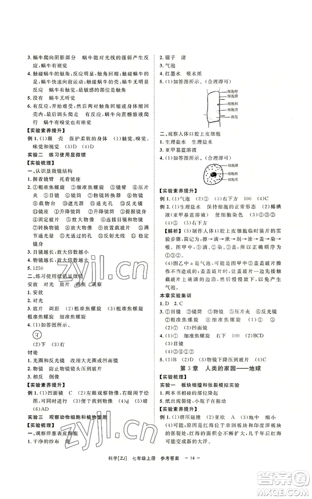 光明日報出版社2022全效學(xué)習(xí)七年級上冊科學(xué)浙教版A參考答案