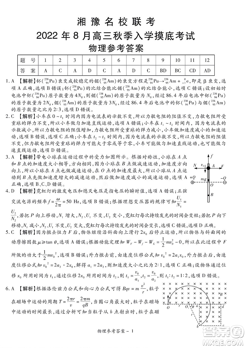 湘豫名校聯(lián)考2022年8月高三秋季入學(xué)摸底考試物理試題及答案