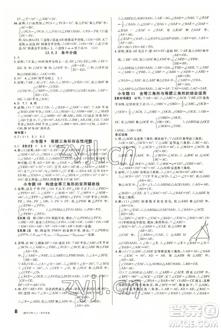 廣東經(jīng)濟出版社2022名校課堂數(shù)學八年級上冊HS華師版河南專版答案