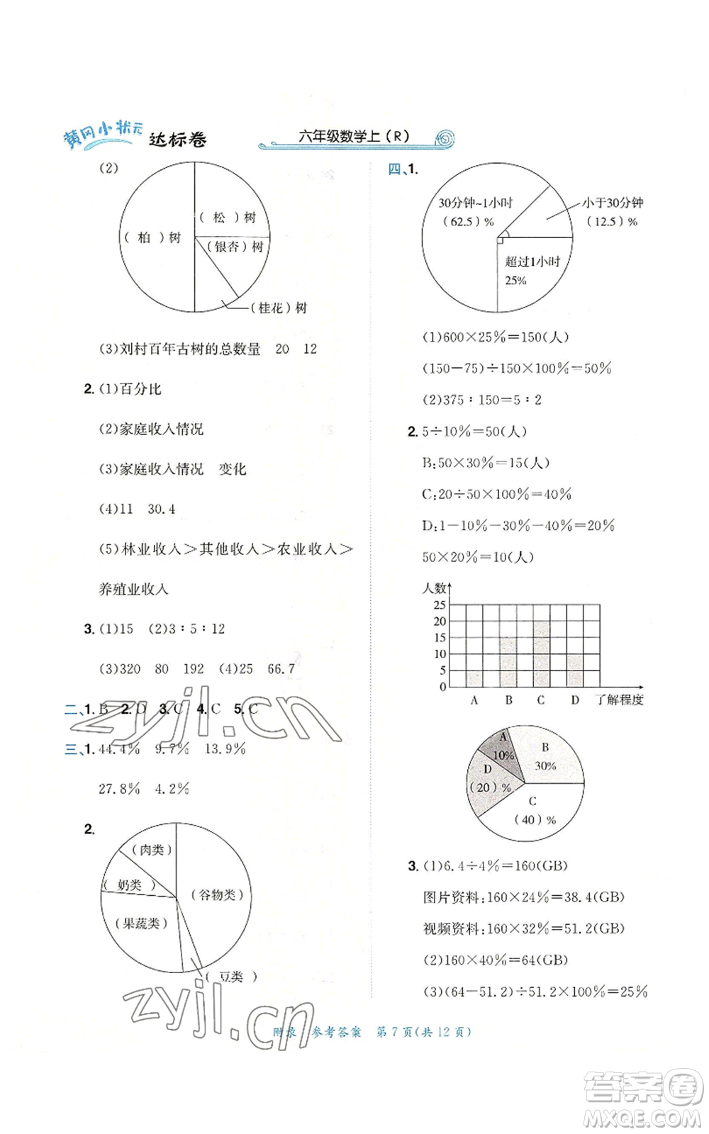 龍門書局2022秋季黃岡小狀元達(dá)標(biāo)卷六年級上冊數(shù)學(xué)人教版參考答案