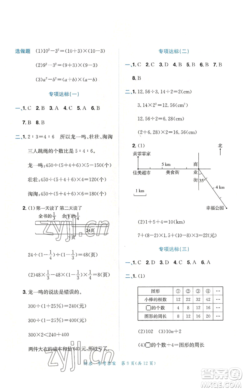 龍門書局2022秋季黃岡小狀元達(dá)標(biāo)卷六年級上冊數(shù)學(xué)人教版參考答案