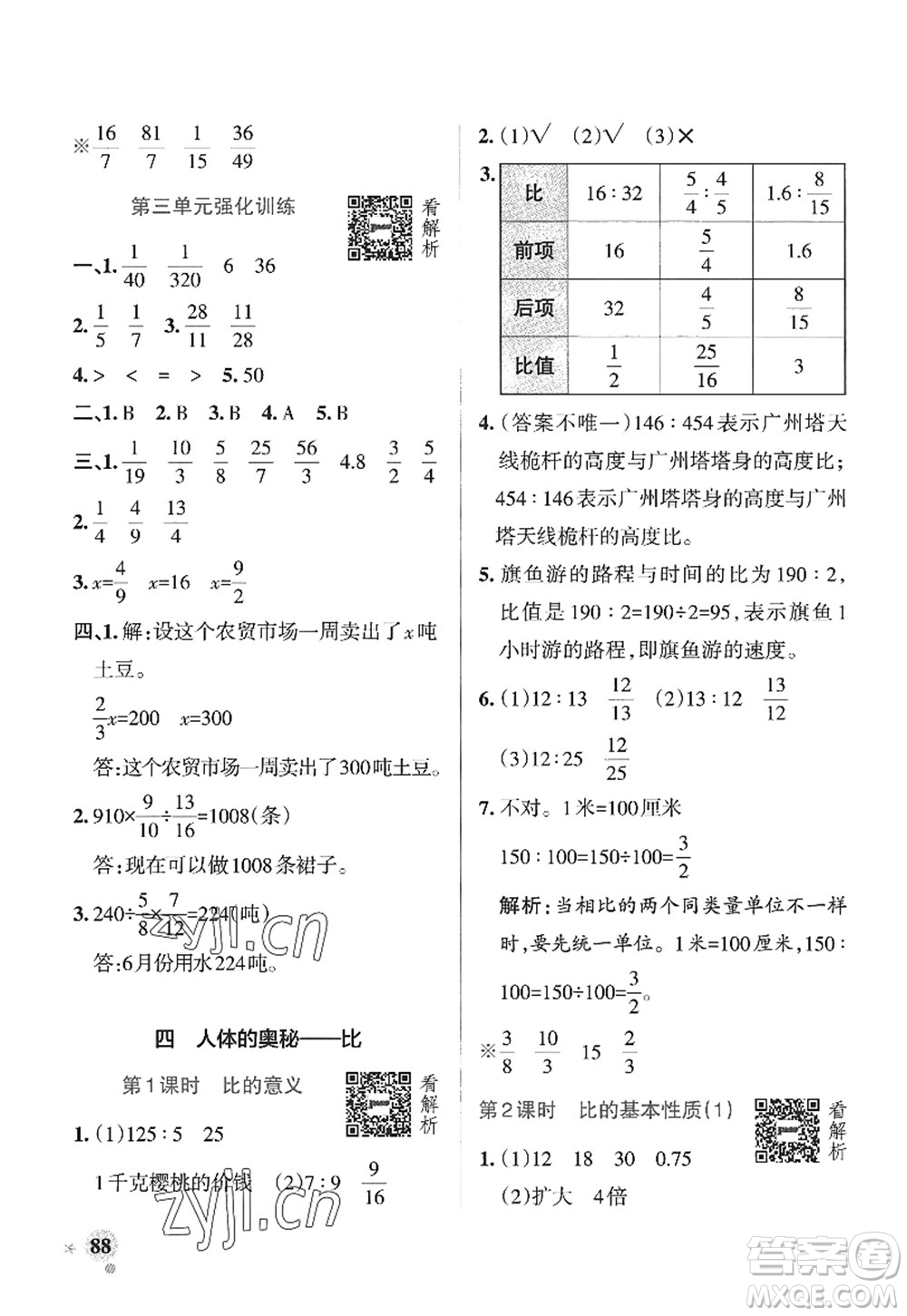 遼寧教育出版社2022PASS小學(xué)學(xué)霸作業(yè)本六年級數(shù)學(xué)上冊QD青島版山東專版答案