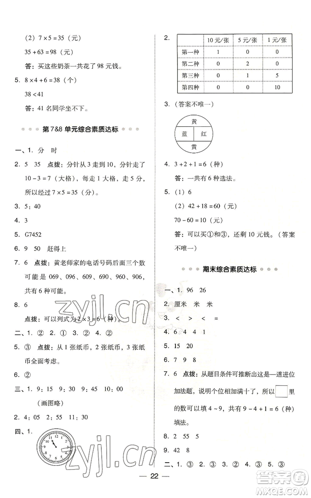 吉林教育出版社2022秋季綜合應(yīng)用創(chuàng)新題典中點二年級上冊數(shù)學(xué)人教版浙江專版參考答案