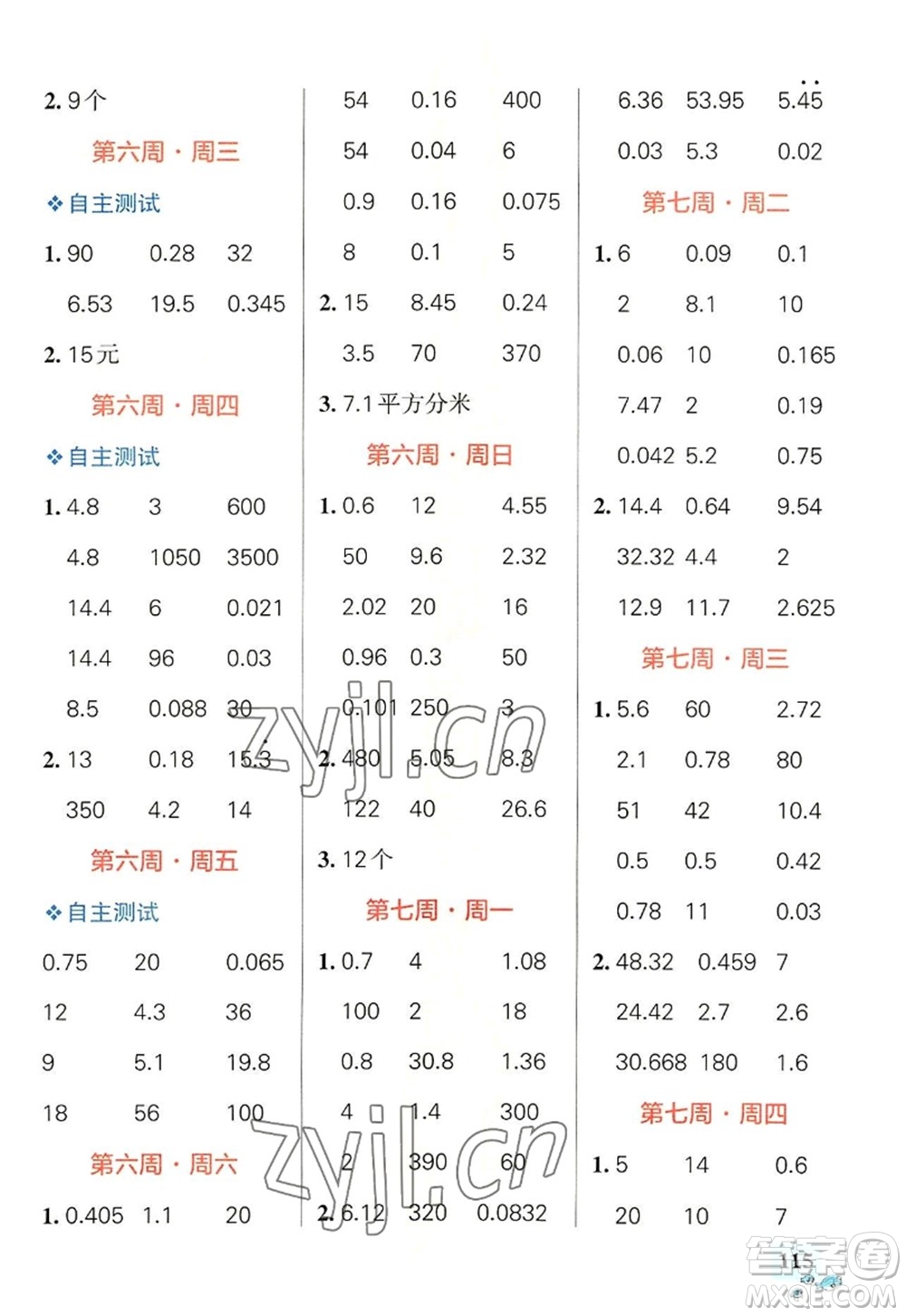 遼寧教育出版社2022PASS小學(xué)學(xué)霸天天計算五年級數(shù)學(xué)上冊RJ人教版答案