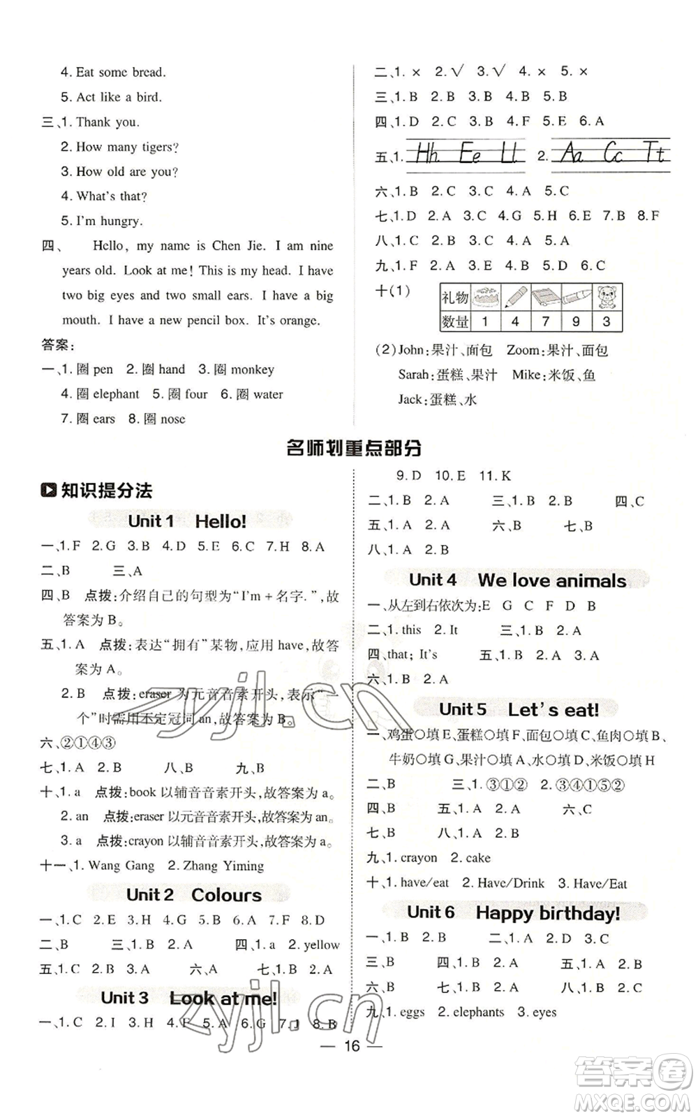 吉林教育出版社2022秋季綜合應用創(chuàng)新題典中點三年級起點三年級上冊英語人教版參考答案