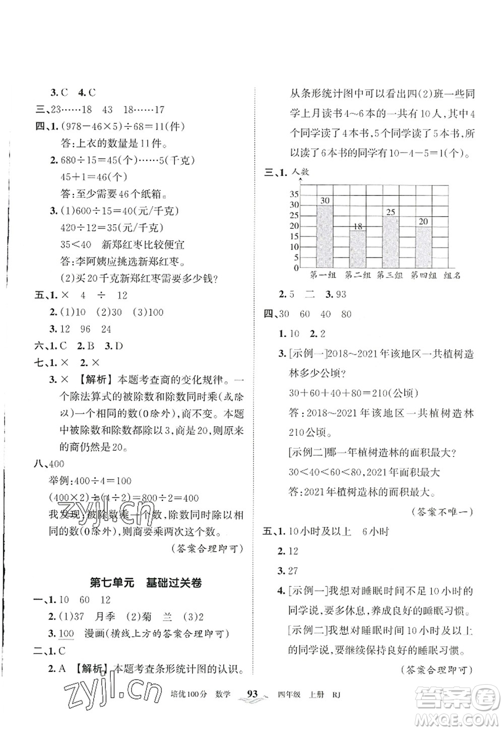 江西人民出版社2022王朝霞培優(yōu)100分四年級(jí)數(shù)學(xué)上冊RJ人教版答案