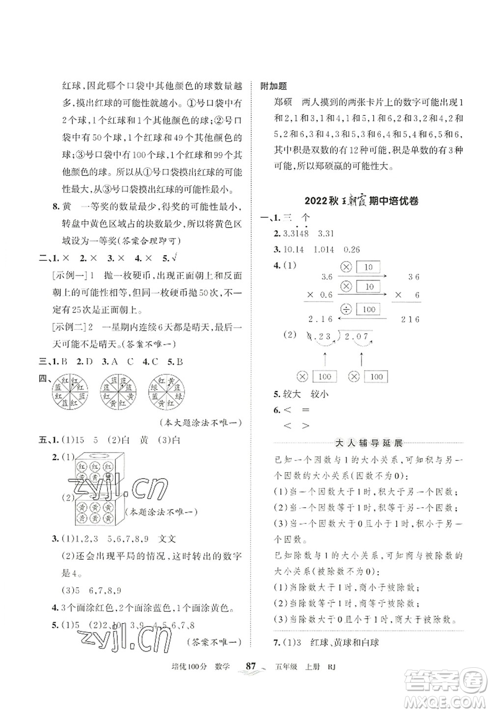 江西人民出版社2022王朝霞培優(yōu)100分五年級數(shù)學(xué)上冊RJ人教版答案