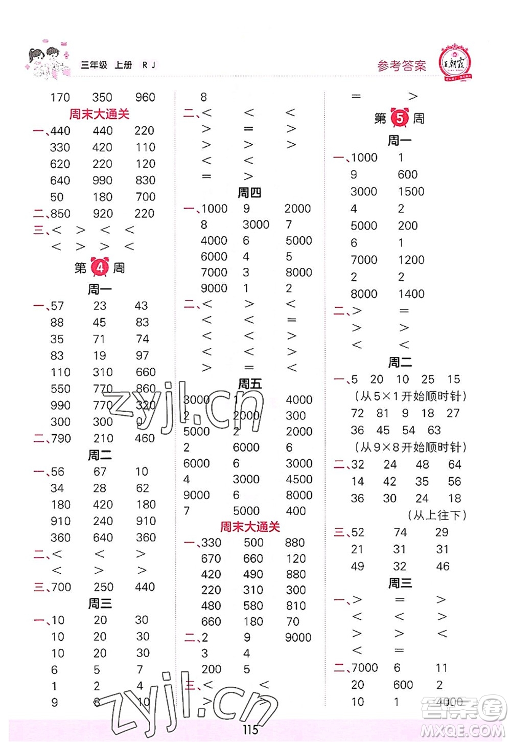 江西人民出版社2022王朝霞口算小達人三年級數(shù)學(xué)上冊RJ人教版答案