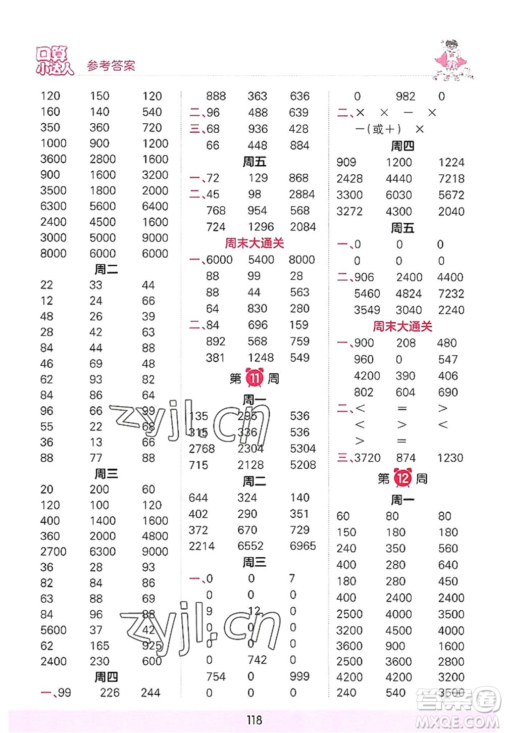 江西人民出版社2022王朝霞口算小達人三年級數(shù)學(xué)上冊RJ人教版答案