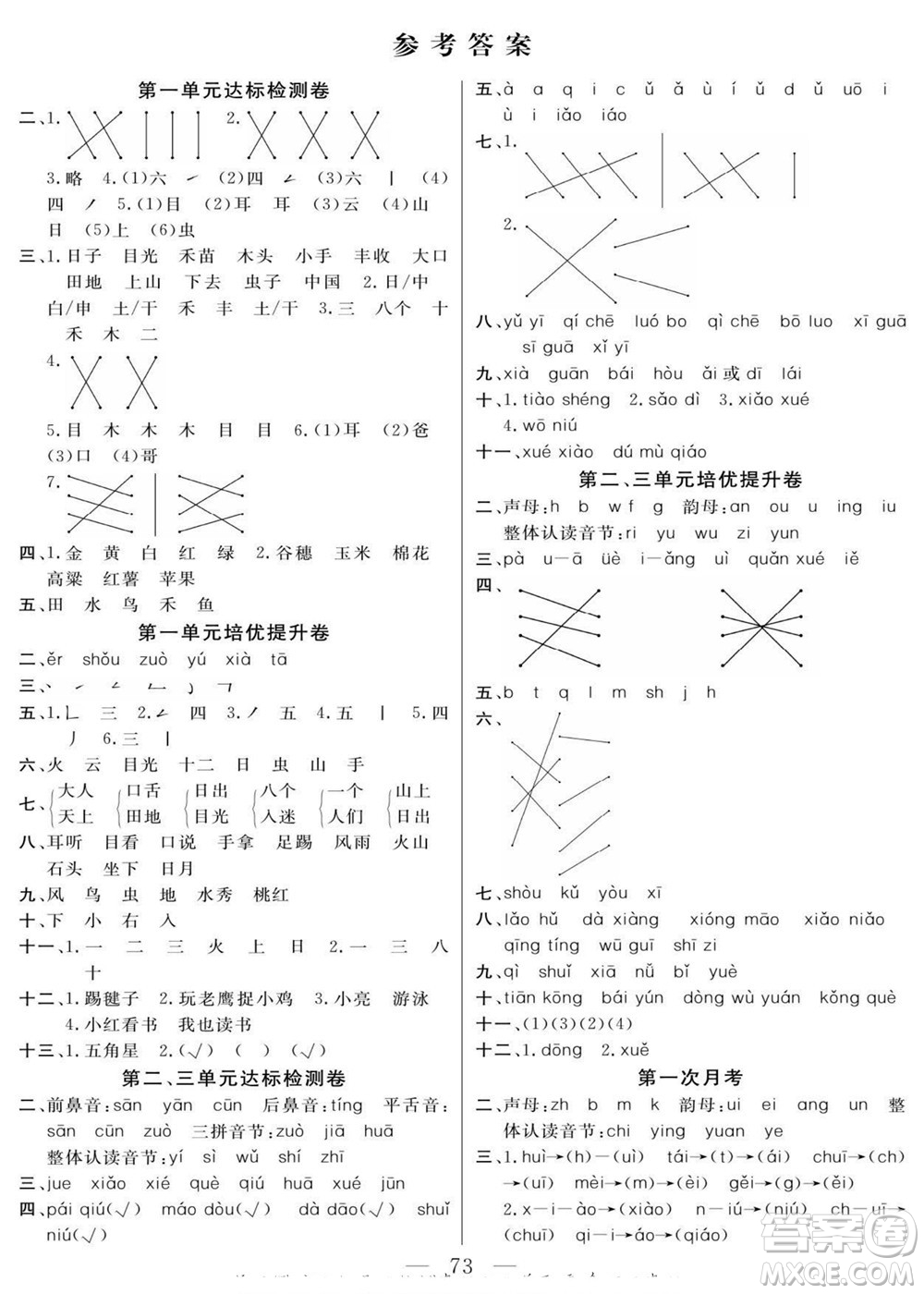 陽(yáng)光出版社2022名師面對(duì)面大試卷語(yǔ)文一年級(jí)上冊(cè)人教版答案