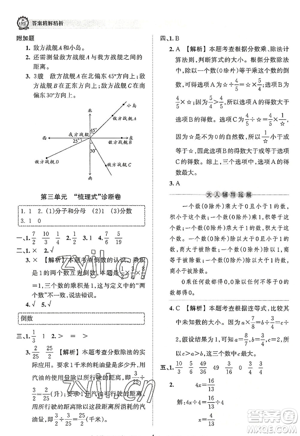 江西人民出版社2022王朝霞考點梳理時習(xí)卷六年級數(shù)學(xué)上冊RJ人教版答案