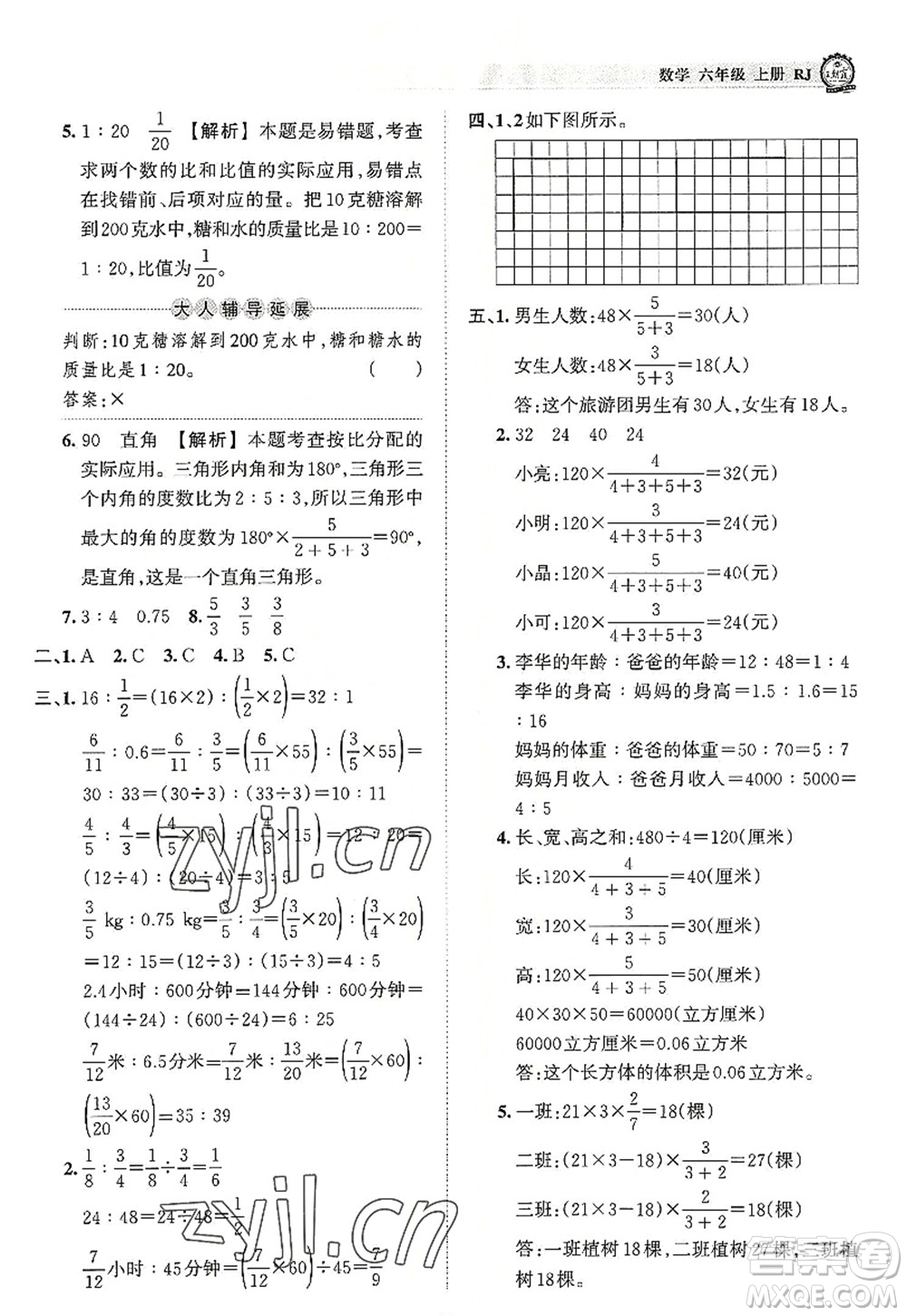 江西人民出版社2022王朝霞考點梳理時習(xí)卷六年級數(shù)學(xué)上冊RJ人教版答案